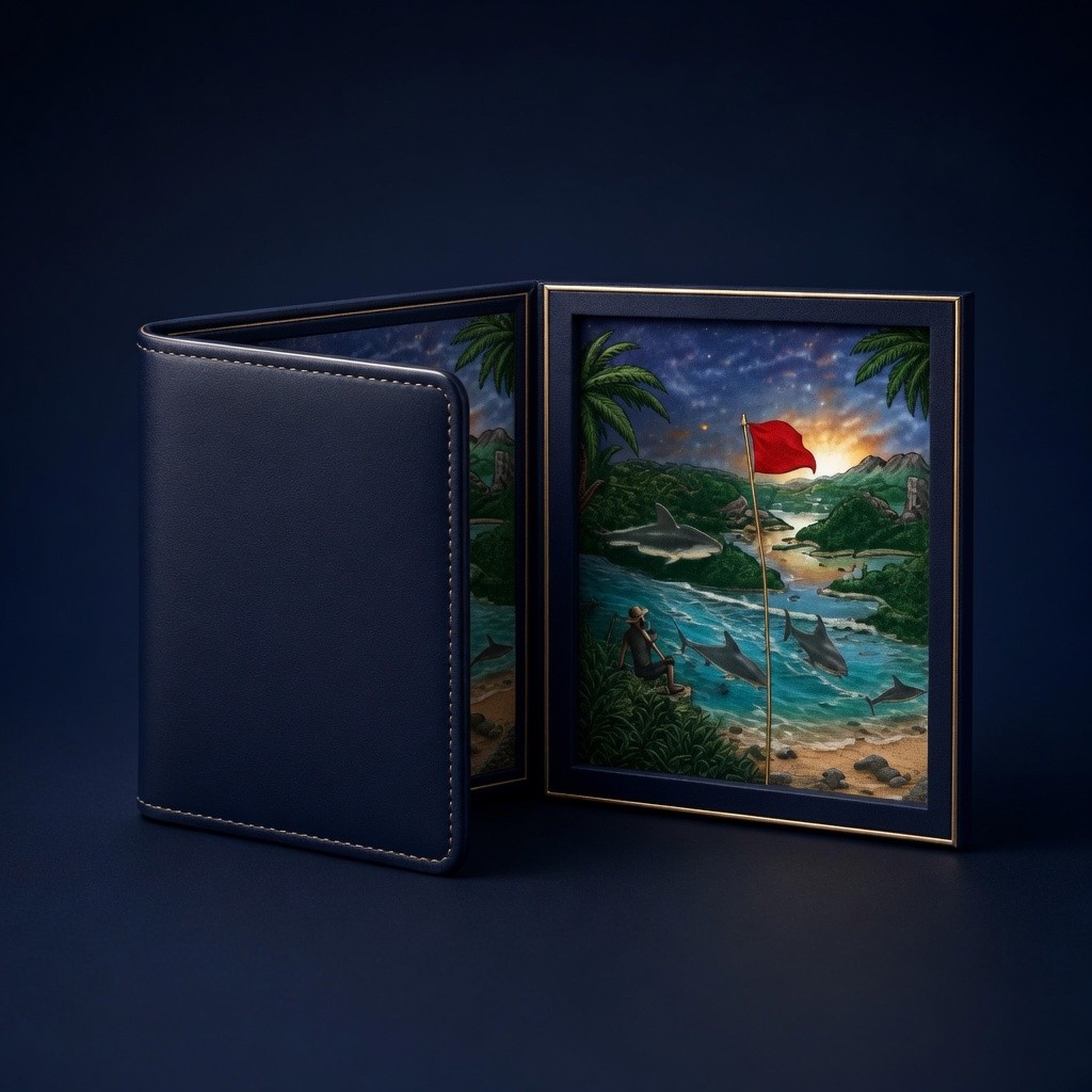 Navy leather wallet beside a gold-framed print of a tropical river landscape.